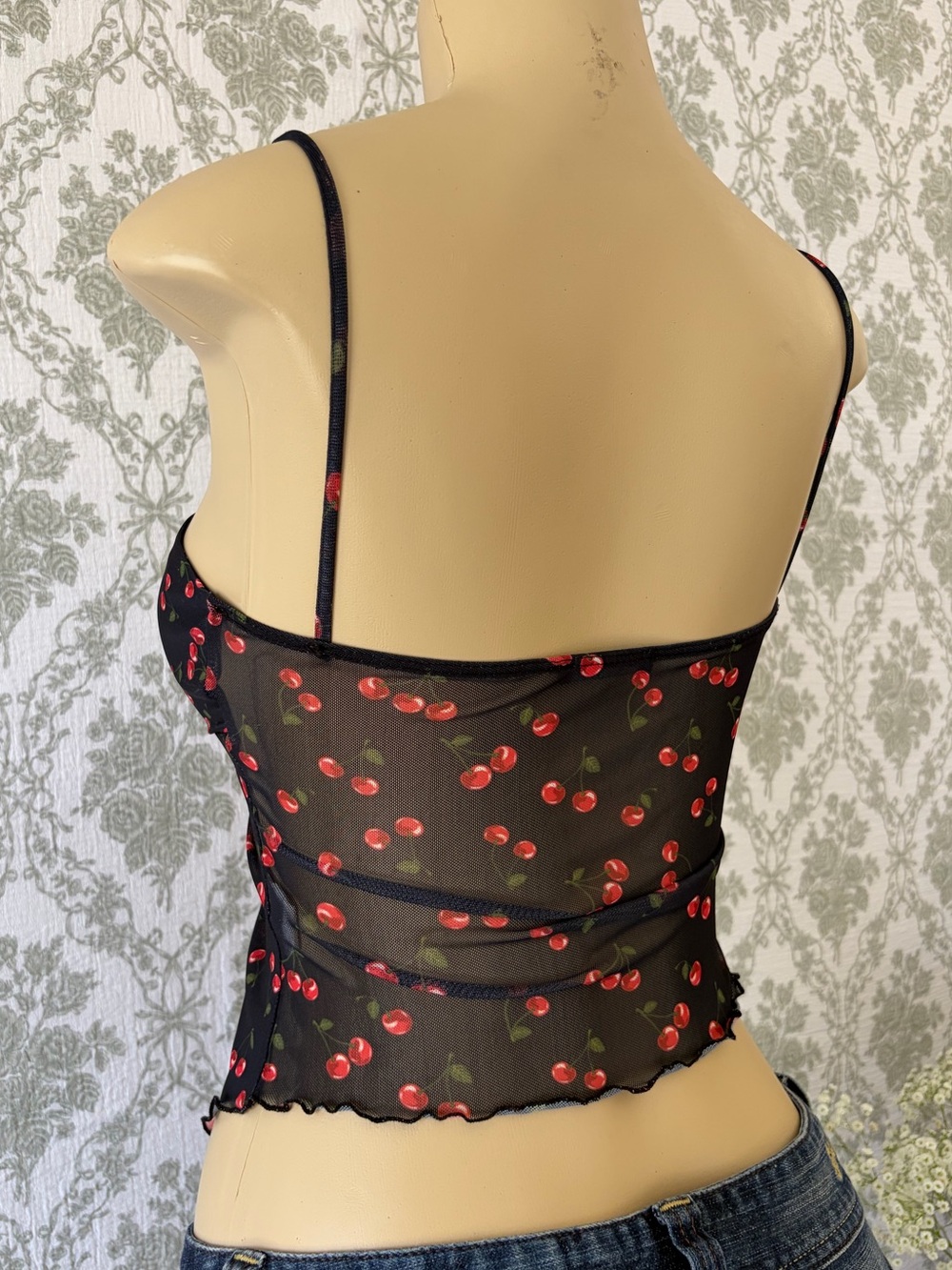 Vintage Black Sheer Cherry Sheer Cami Top - Picture 6 of 6